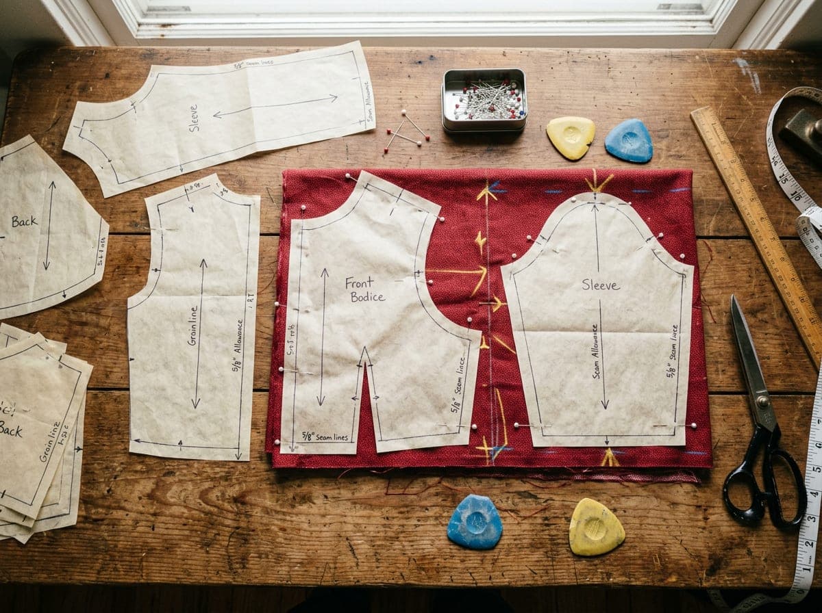 Paper pattern pieces laid on a table with pins and tailor's chalk