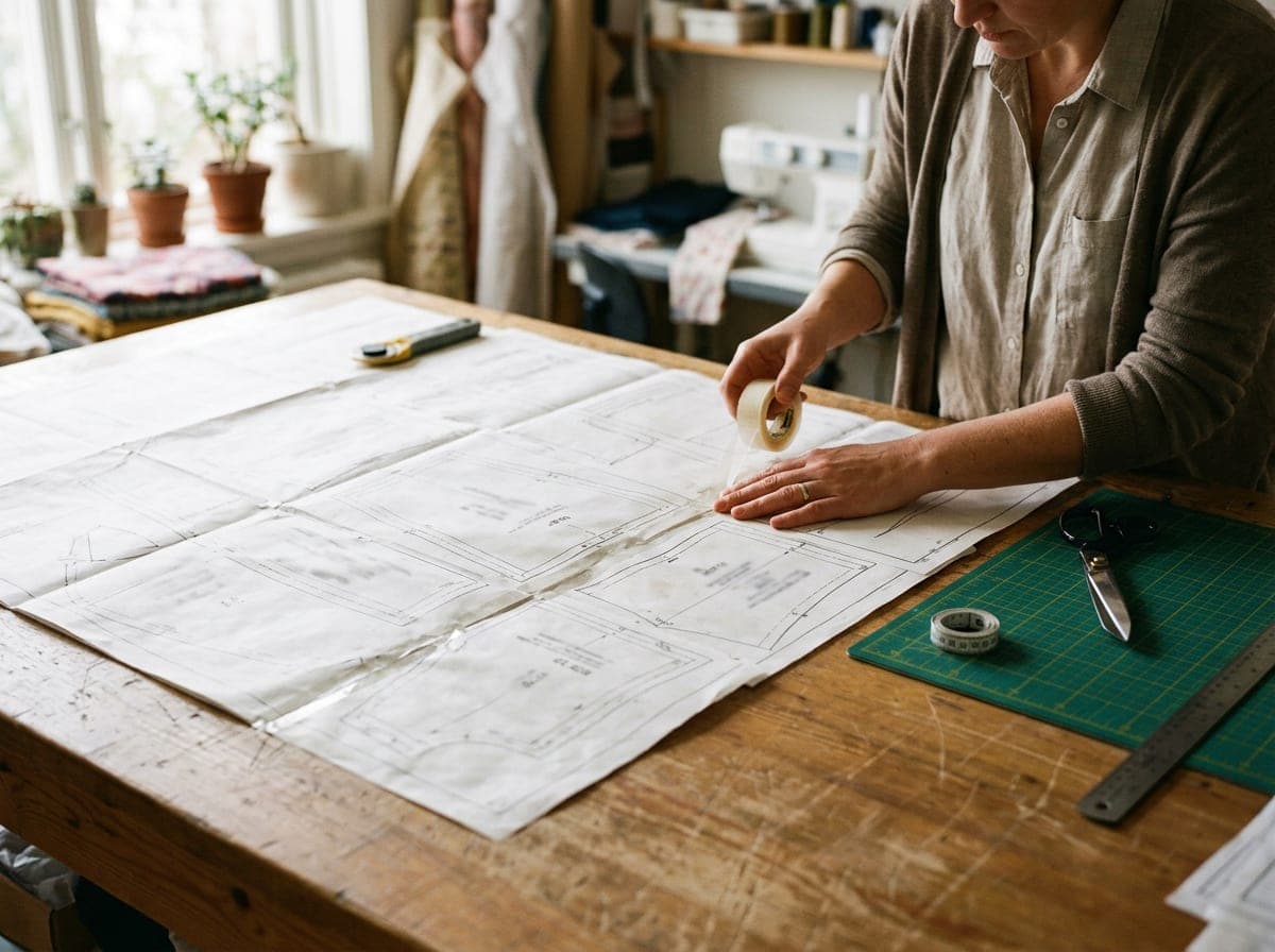 Printed pattern pages being taped together on a cutting table